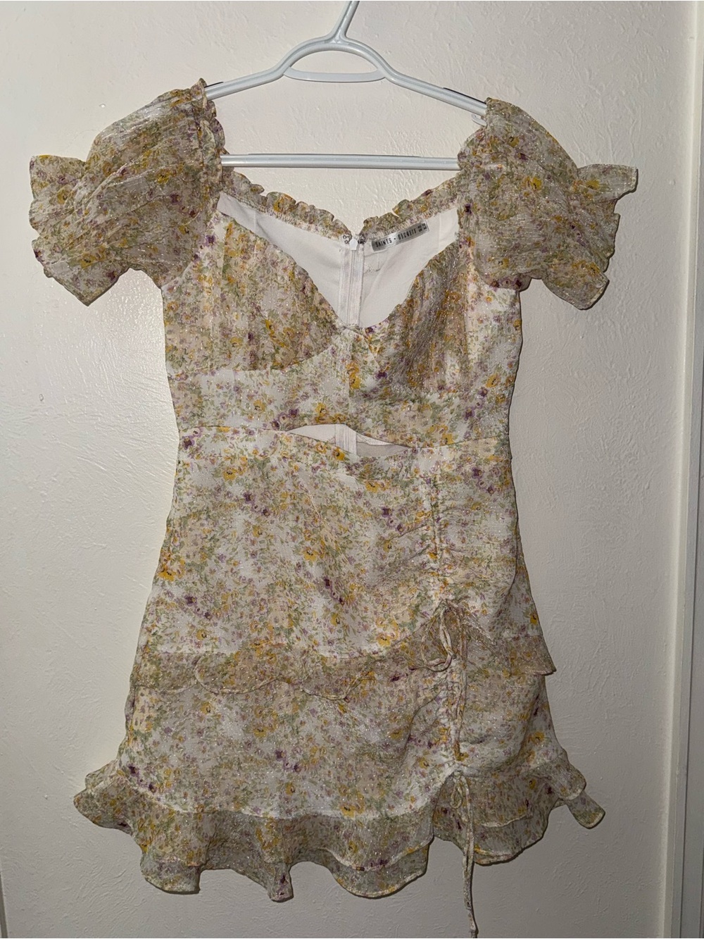 Floral Ruffled Mini Dress - White with Yellow & Lilac Flowers
